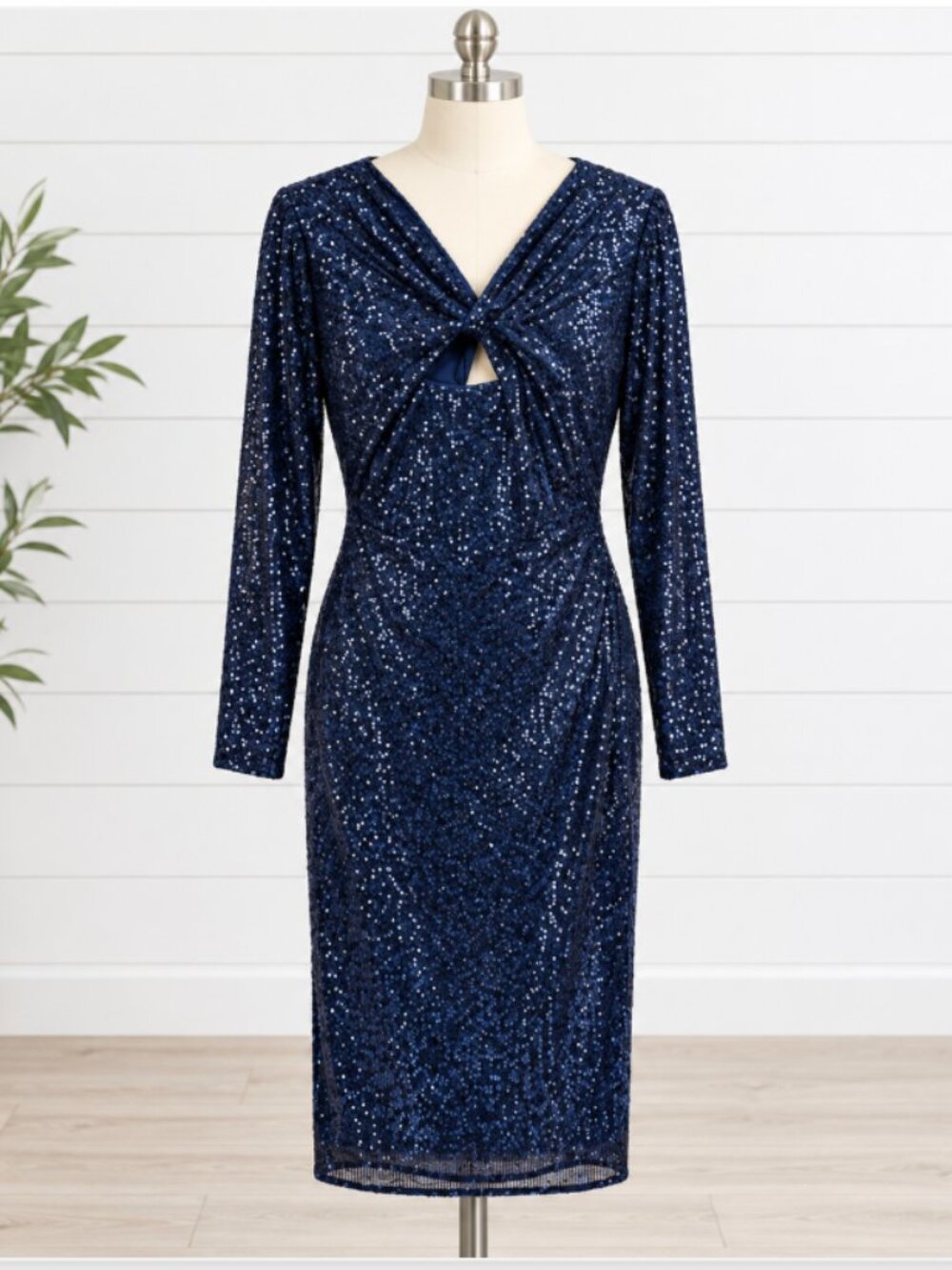 NWT JS Collections Navy Sequin Cocktail Dress Size 10 Long Sleeve Keyhole Party